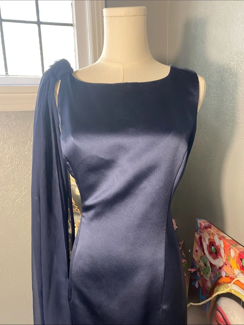 Michaelangelo Navy One Shoulder Formal Gown Cape Sleeve Prom Evening Dress